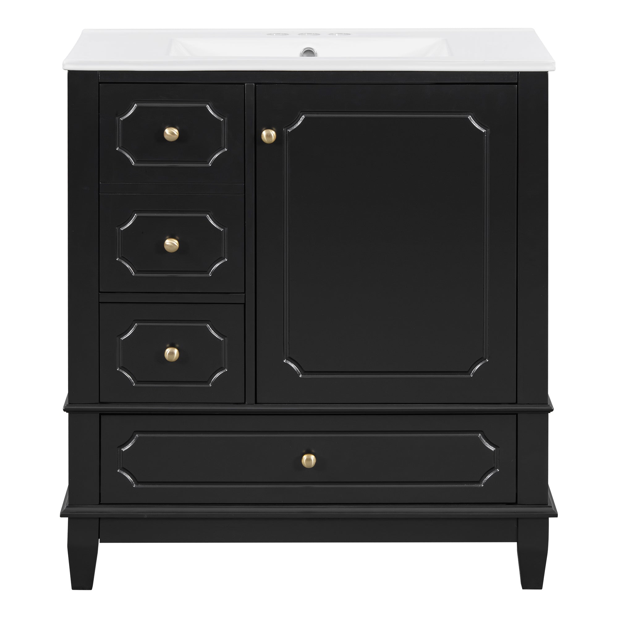 VanityFus 30-in Black Bathroom Vanity Single Sink Combo Ceramic Top 1 Soft Close Door 3 drawers Undermount